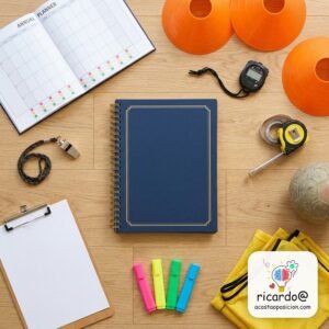 Programación Didáctica de Educación Física en Canarias: dossier encuadernado junto a un planificador anual y material deportivo