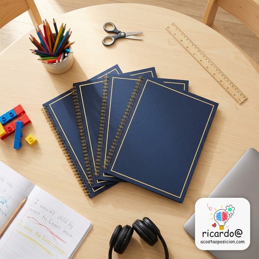 Temario Clave para las oposiciones de Educación Primaria en Canarias: dossieres impresos sobre una mesa de aula con material escolar